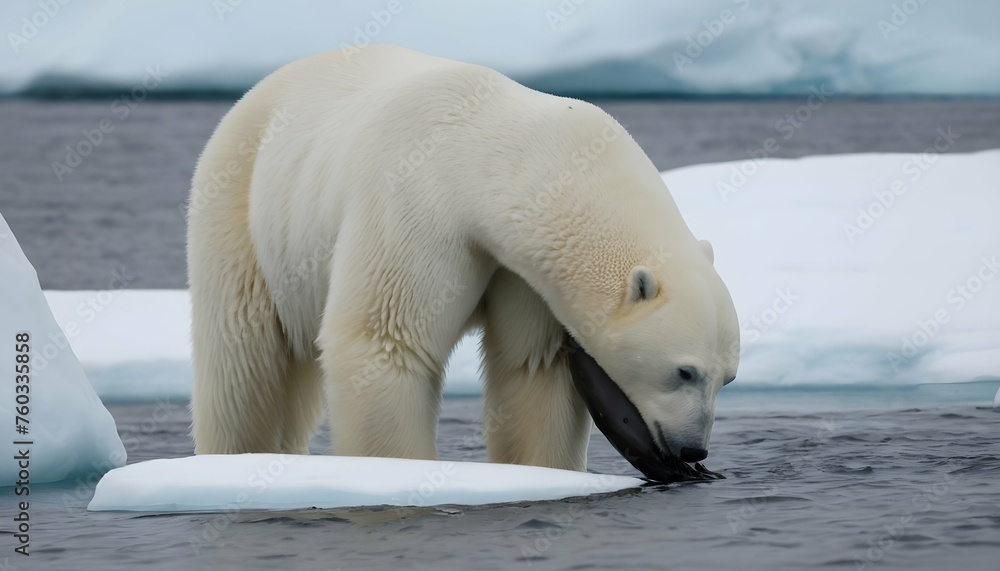 A Polar Bear With Its Head Bowed Munching On A Se