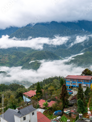 Rice Terraces on High Mountains in The Foggy Valleys and Villages  Resorts and Hotels