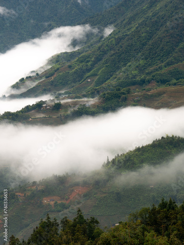 Rice Terraces on High Mountains in The Fog Covered