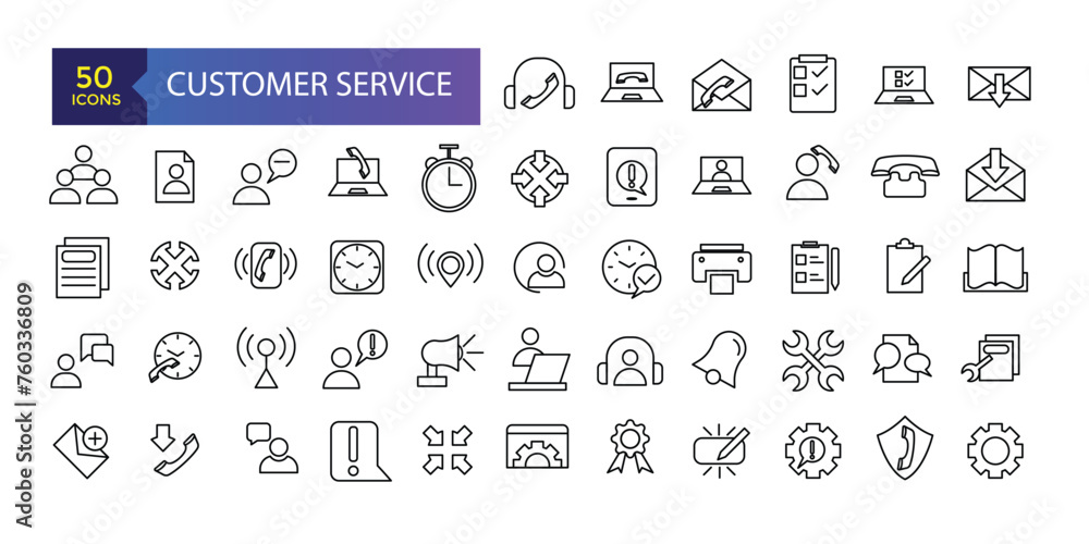 contact and support thin line icons. Contains icons as phone call, customer. Set of Help and Support Related Vector Line Icons.