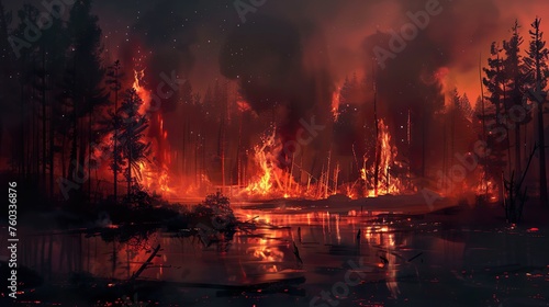 Illustration of burning forest scene at night