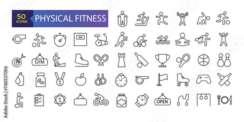 Fitness and Gym line icons Vector Icons. Adjust stroke weight Related Vector Line Icons. Set of fitness gym equipment, sports recreation activity.