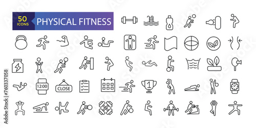 Fitness and Gym line icons Vector Icons. Adjust stroke weight Related Vector Line Icons. Set of fitness gym equipment, sports recreation activity.