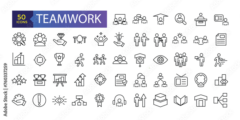 Teamwork icon set. Related Vector Line Icons. Contains such Icons as Meeting, Workplace, Business Communication, Team Structure.