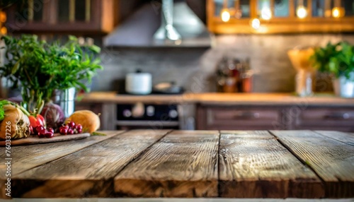 Cozy Culinary Setting: Blurred Kitchen Scene with Wooden Table © sajjad farooq baloch