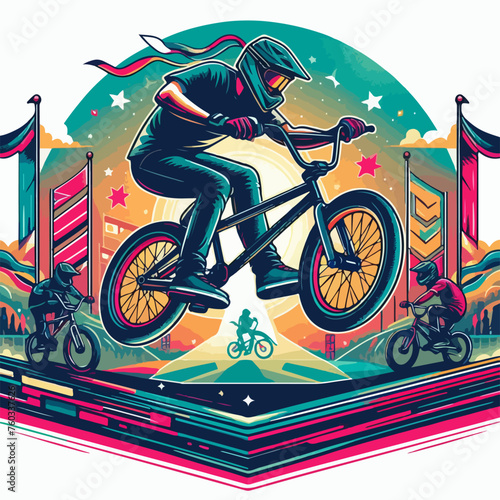 acrobatic style bmx bicycle jump pop art low poly color vibrant poster