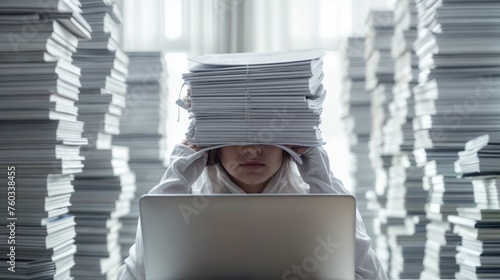 Stressed and overworked businesswoman in front of a large pile of paperwork
