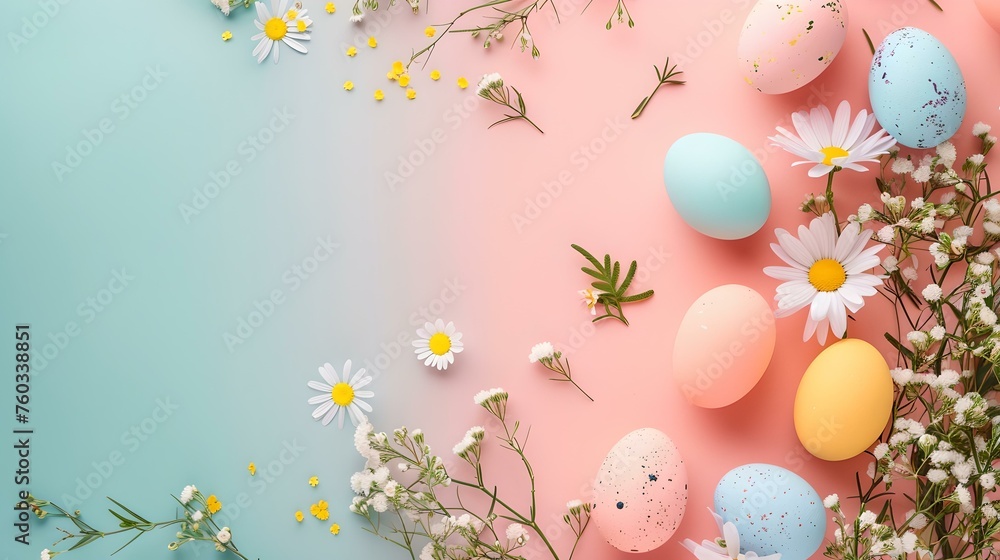 Colorful easter eggs with spring flowers on a pastel background. seasonal holiday concept with copy space. decorative and festive. AI - obrazy, fototapety, plakaty 