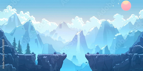 Mountains background, video game style graphics mountain level design backdrop illustration, gaming resources, scrolling platform, generated ai photo