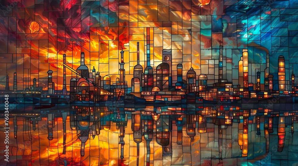 Obraz premium Artistic depiction of a city skyline and industrial silhouette against a vibrant, abstract sunset with reflections on water.