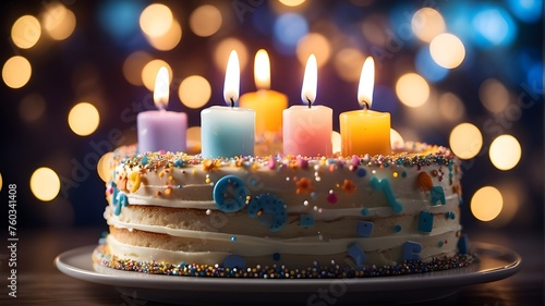 A birthday cake with ten candles and multicolored sprinkles