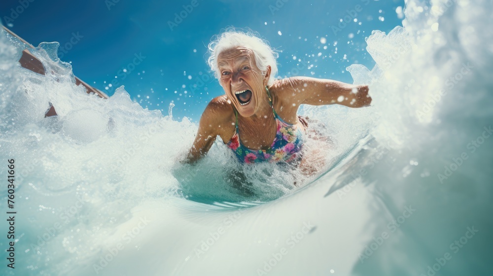 A beautiful smiling adult gray-haired elderly woman rides a slide in a water park. Grandma loves outdoor activities.