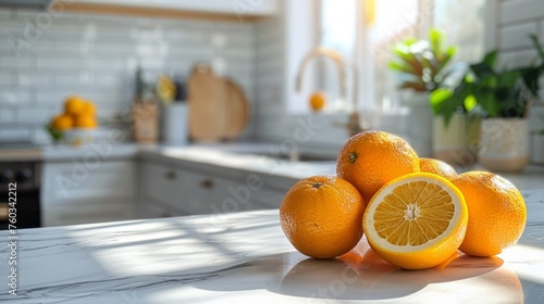 Oranges on marble in sunlight