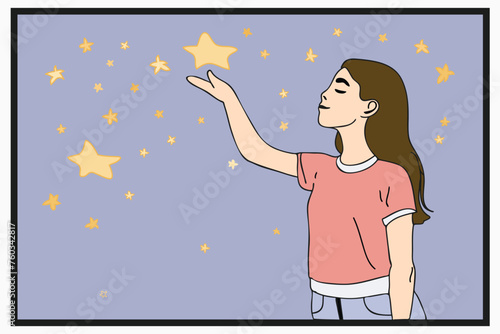 woman - girl,  holding stars in blue sky, fantasy dreaming and wishing upon the star, minimal simple cartoon illustration