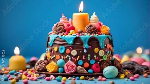 Birthday cake, brightly colored, chocolate-filled, and adorned with candies on a blue background.