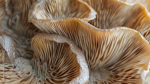 The detailed structure of a mushroom cap showcasing the gills and texture of fungi