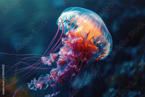 The luminescence of a jellyfishs tentacles captured in a dark aquatic environment