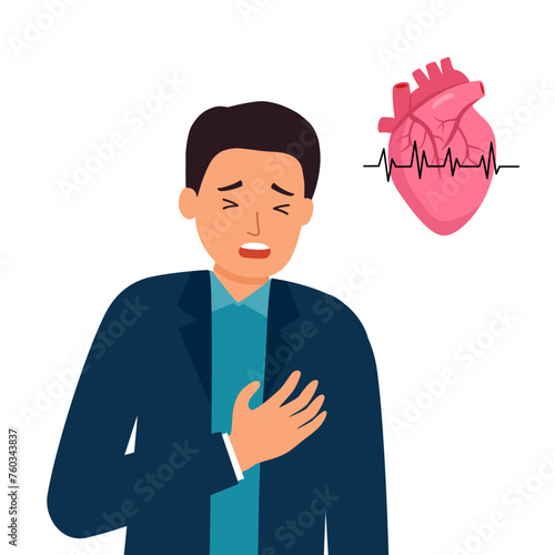 Man with heart attack symptom in flat design on white background. Heart disease concept.