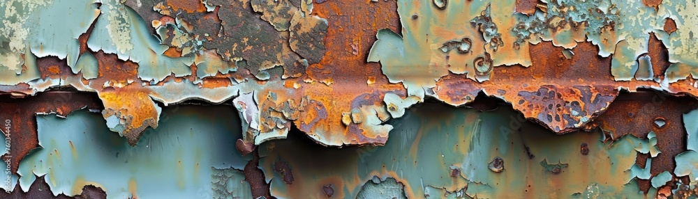 A macro shot of rust and peeling paint on metal revealing patterns of decay and age