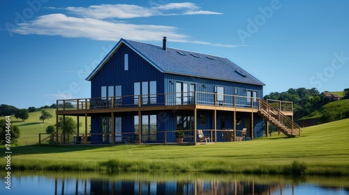 architecture blue farmhouse building illustration rustic country, home design, traditional exterior architecture blue farmhouse building © sevector