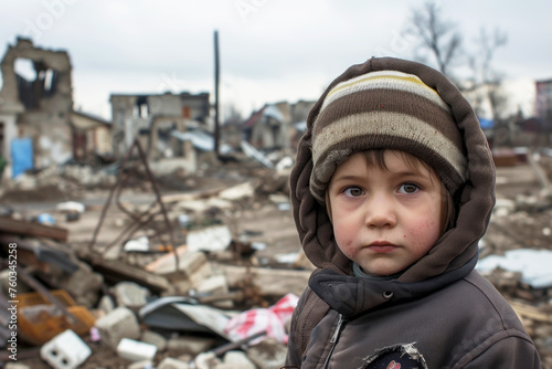 an orphaned child stands in front of the ruins of a Ukrainian town destroyed in the war. photo