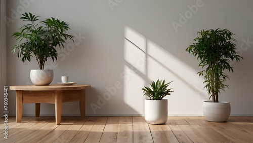 Plant on Wooden Table Against White Empty Wall with Co 0 