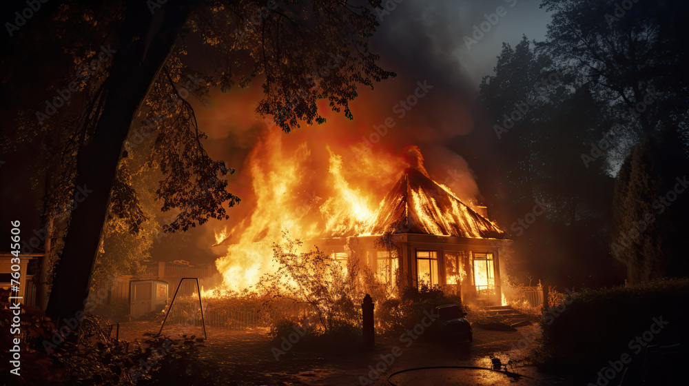 Obraz premium Outdoor view of house on fire