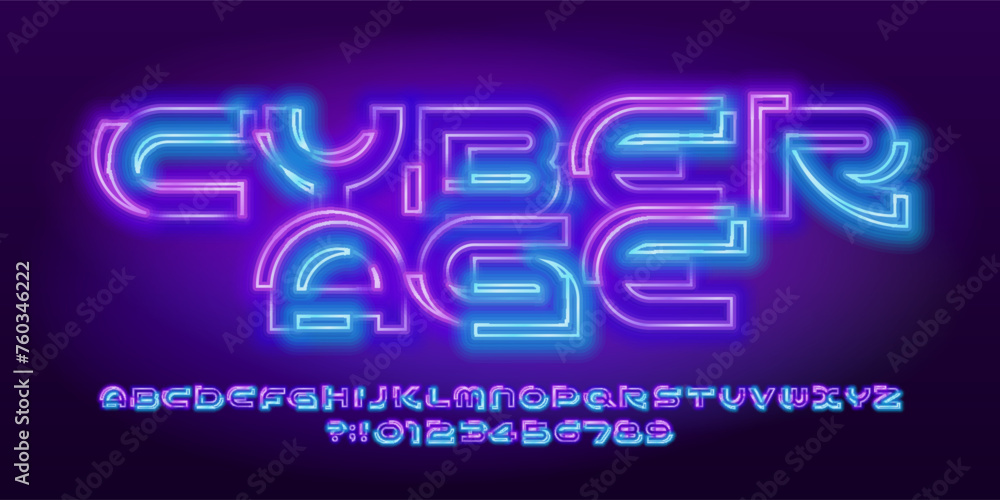 Cyber Age alphabet font. Neon color futuristic letters and numbers. Stock vector typescript for your design. - obrazy, fototapety, plakaty 