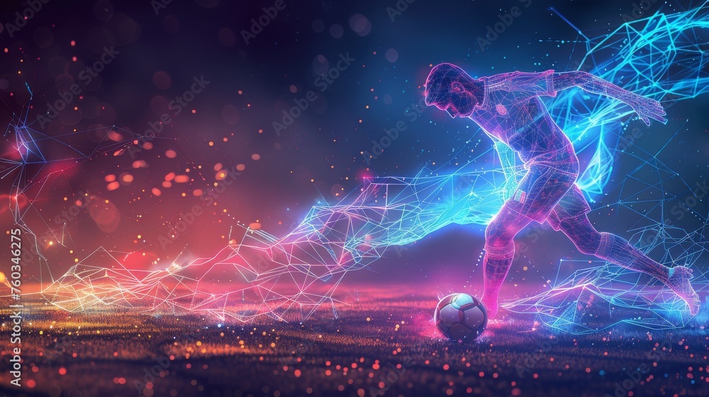 A man is kicking a soccer ball in a field with a colorful background