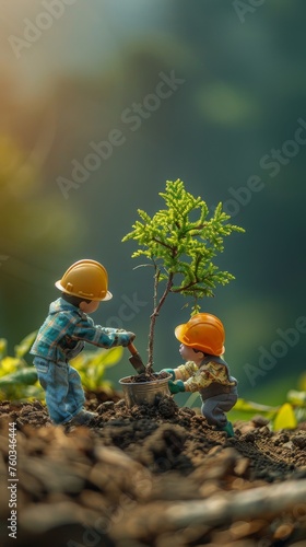 Two children are planting a tree in a dirt field