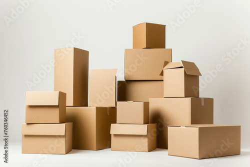 cardboard boxes stacked white background