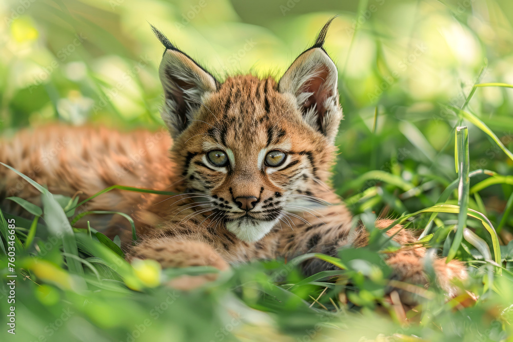 Fototapeta premium The lynx cub is lying in the grass