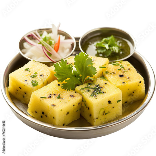  front view of appetizing Khaman Dhokla in a classic steel thali, food photography style isolated on a white transparent background photo