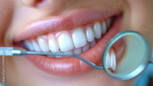 A woman with a bright smile is being examined by a dentist