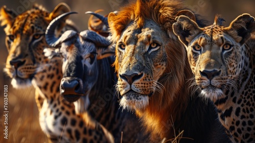 A group of animals, including a lion, are standing together in the wild