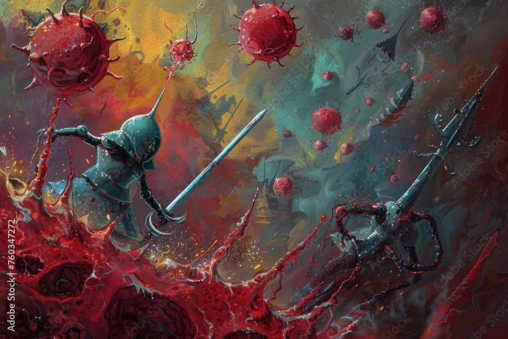 A depiction of phagocytosis as a heroic battle with immune cells as knights defending their realm - obrazy, fototapety, plakaty 