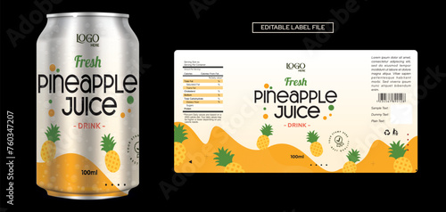 Pineapple juice label design, Pineapple drink label design. Soda can vector. Energy drink label design. Fruit juice label layout editable template design.