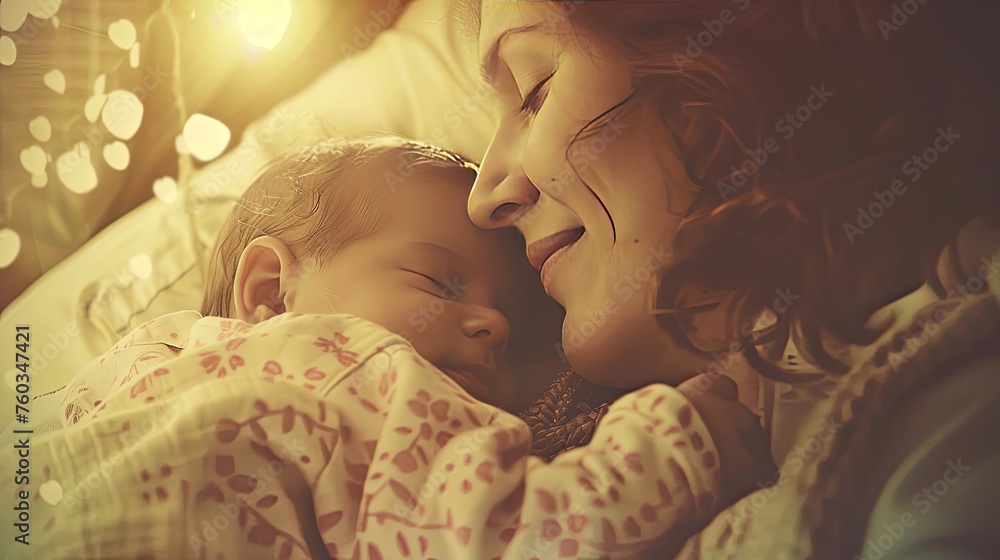 A mothers tender gaze at her newborn capturing an overwhelming sense of love and happiness - obrazy, fototapety, plakaty 