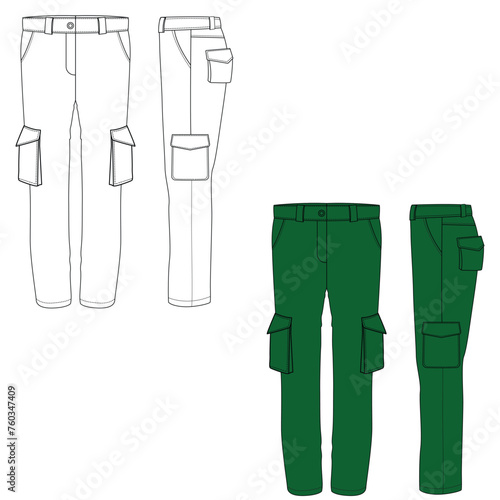 Long cargo pants sewing pattern vector design. set of cargo long pants	
