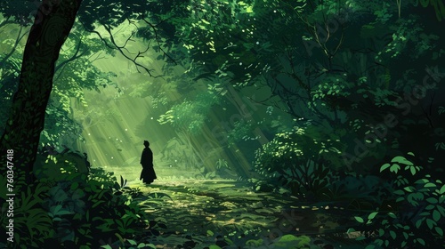 A peaceful scene of a solitary walk through a lush green forest