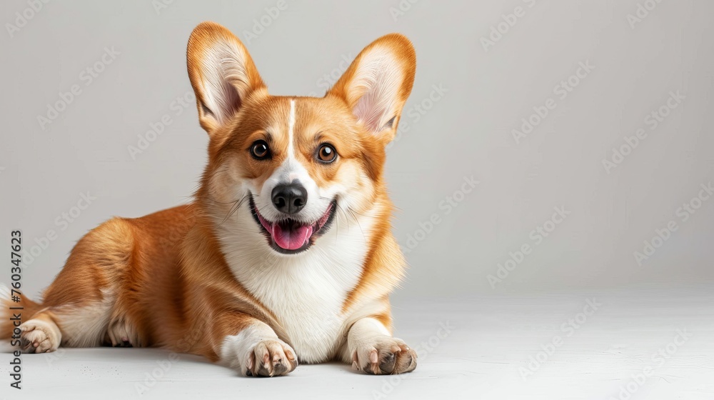 A happy dog with a pink tongue is laying on a white background