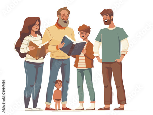 A family gathers around a photo album reminiscing about cherished memories and moments shared with their father figure. 