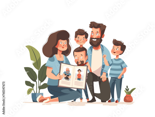  A family gathers around a photo album reminiscing about cherished memories and moments shared with their father figure. 