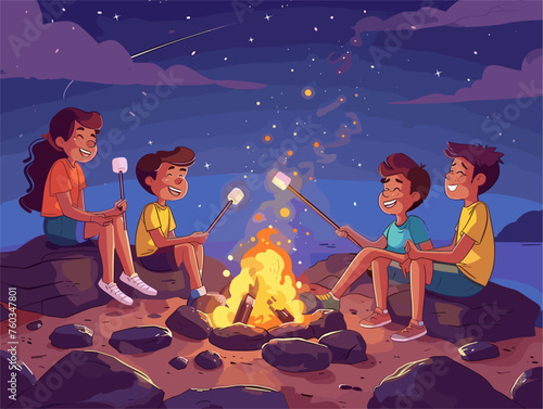  Campers roast marshmallows over a crackling campfire sharing stories and enjoying the camaraderie of summer nights under a star-filled sky. 