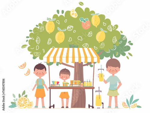  Children set up a lemonade stand under a shady tree their entrepreneurial spirit blossoming with the summer sun ready to quench the thirst of passersby.  photo