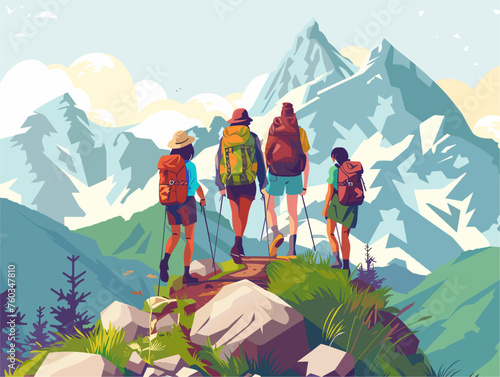  Tourists climb a mountain trail the breathtaking views rewarding their summer adventure and the effort spent reaching the summit. 