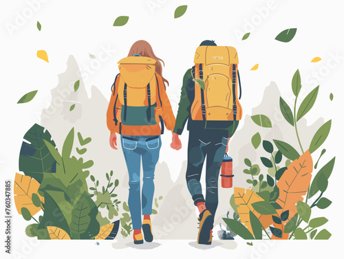  A couple treks through a verdant forest their backpacks filled with supplies ready for a day of exploration and adventure. 