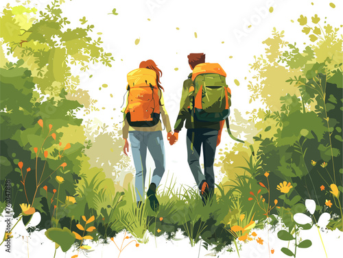  A couple treks through a verdant forest their backpacks filled with supplies ready for a day of exploration and adventure. 