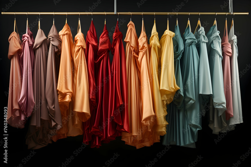 A group of colorful clothes on a rack
A group of colorful clothes on a rack
