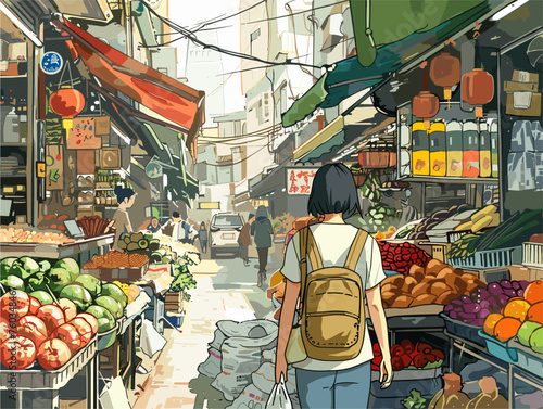  A solo traveler explores a bustling city market their senses overwhelmed by the sights sounds and exotic smells of unfamiliar foods and handcrafted treasures. 